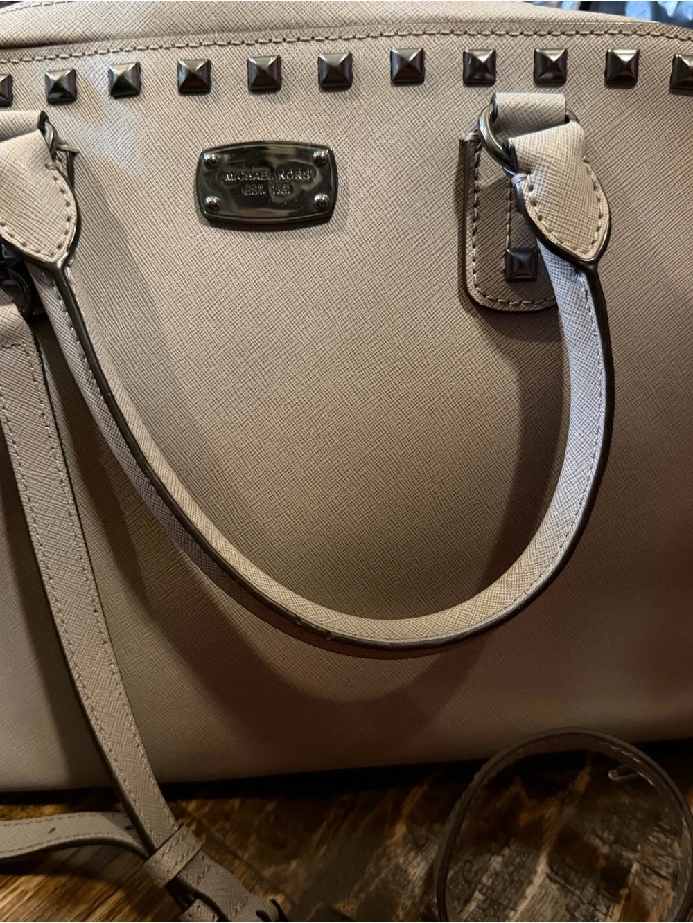Michael Kors Beige Saffiano Leather Studded Satchel